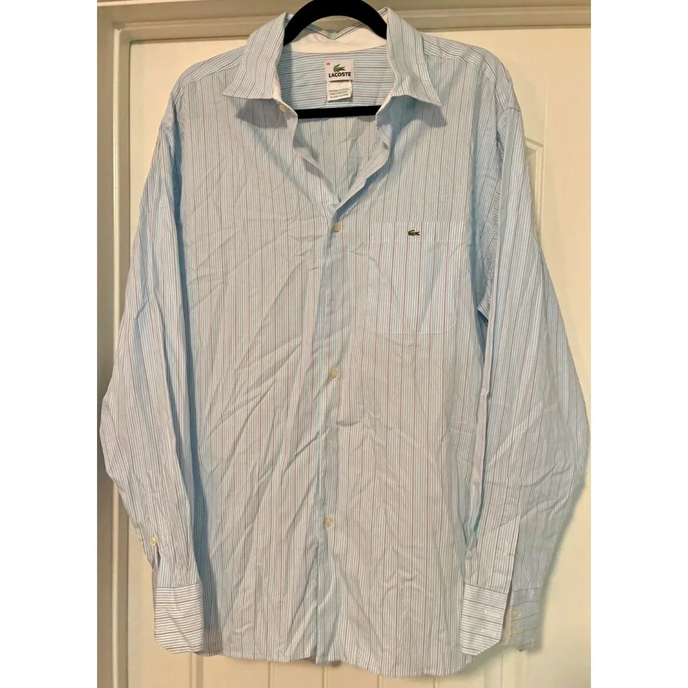 LACOSTE Mens 46 Modern Fit Striped Button Down Long Sleeve Dress Shirt *NOTE - Picture 1 of 8
